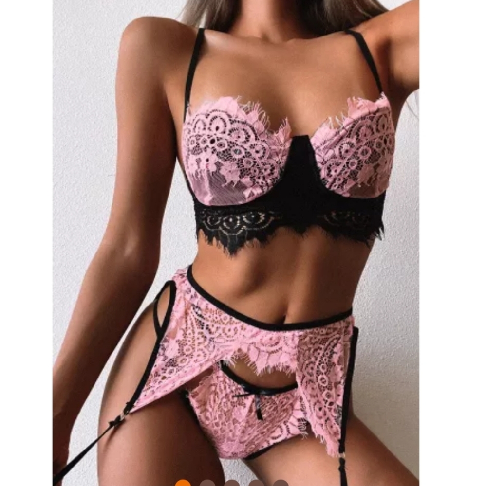 Pink lace garter lingerie set
